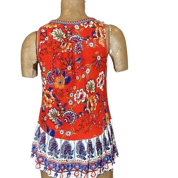 Patrons of Peace BOHO Sleeveless Ruffle Hem Peplum Mixed Floral Top S Red #35M - Picture 6 of 9
